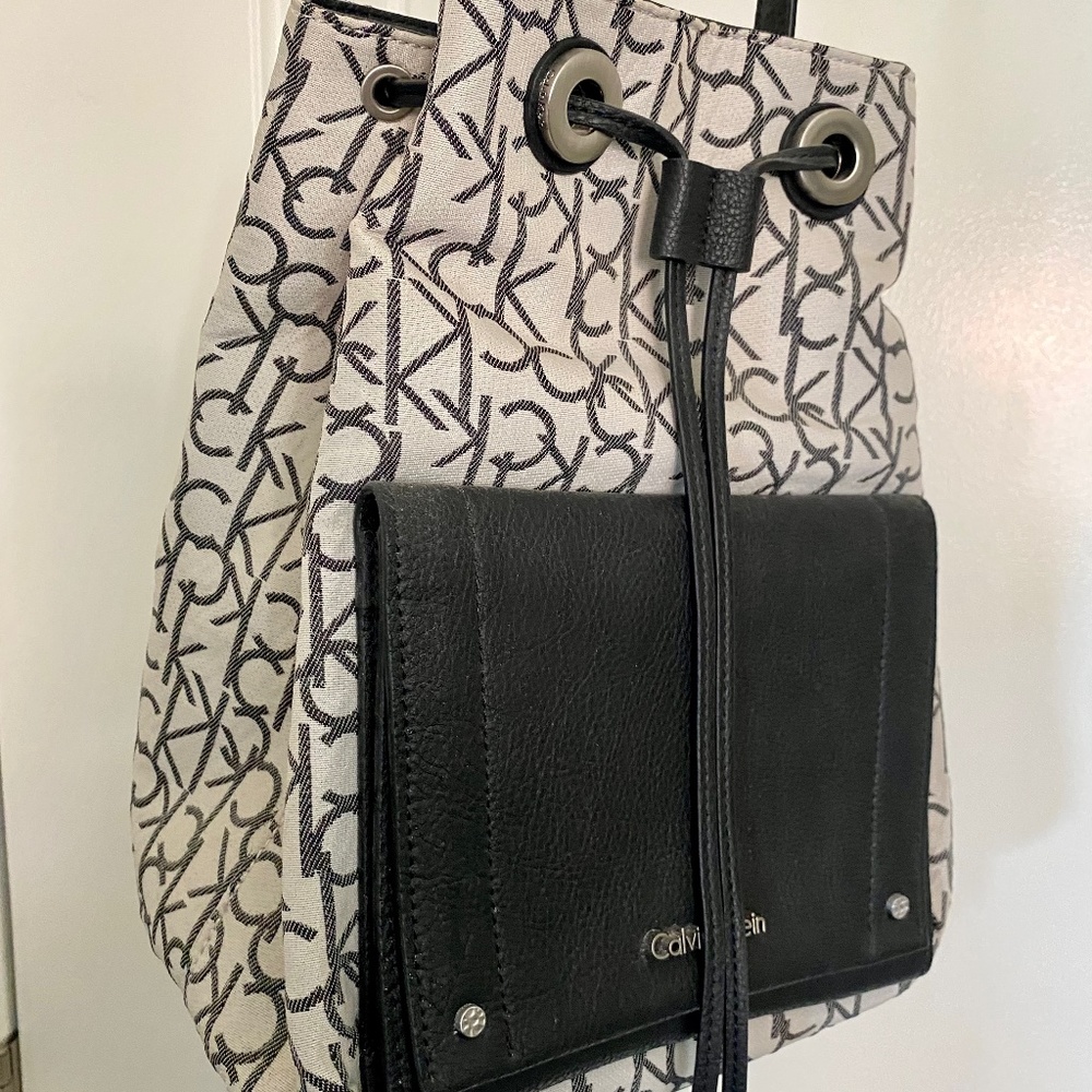 Black & White Calvin Klein Monogram Cross-Body Bucket Bag